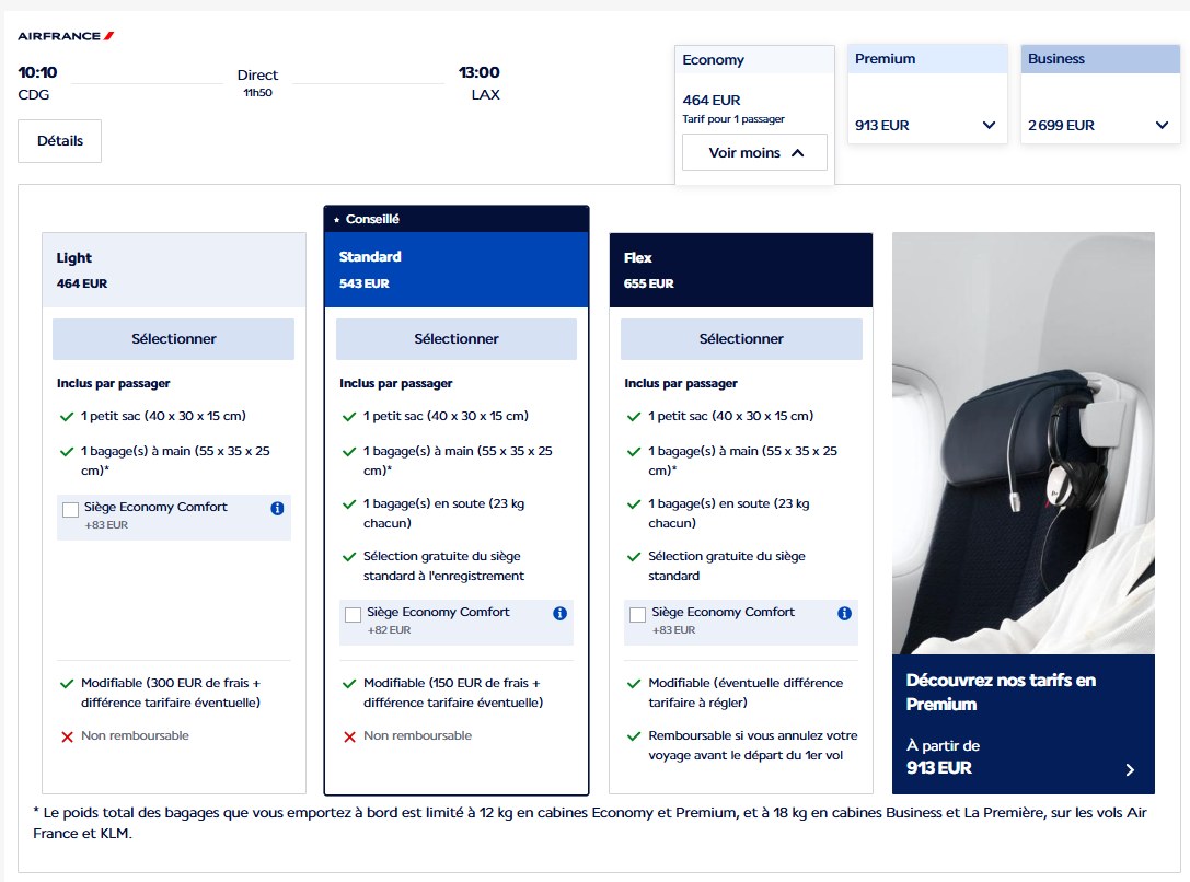 Air France booking page for a Paris to Los Angeles flight: three fares side by side, Light at 464 euros, Standard at 543 euros marked Conseillé, Flex at 655 euros, with the list of what each fare includes.